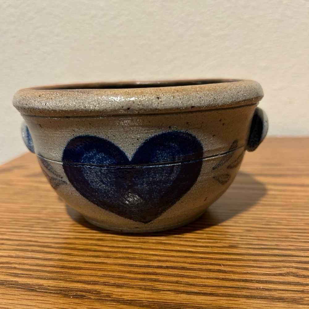 Vintage Artisan Salt Glazed Stoneware Bowl With Ears and Blue Heart Motif “1987”